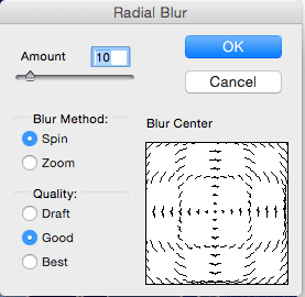 Photoshop Radial Blur Settings - Amount 10, Blur Method Spin